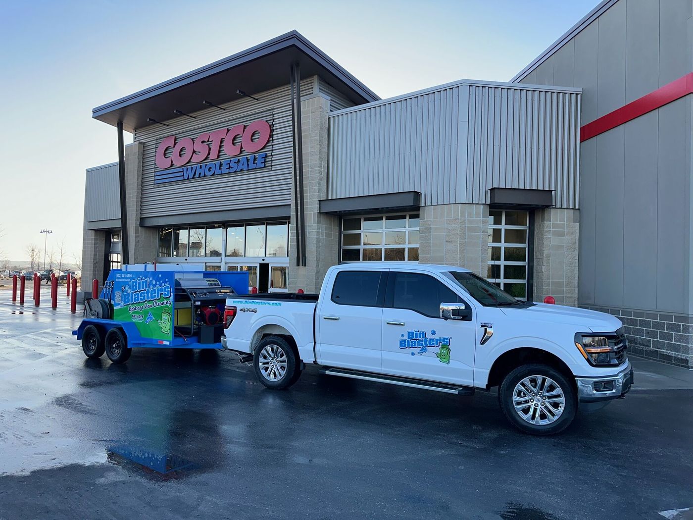 Bin Blasters truck and trailer outside Costco